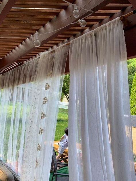 Whether you want to make your porch or patio more private or create a relaxing makeover check out this easy DIY patio upgrade on a budget. Patio Curtain Ideas, Easy Diy Patio, Patio Upgrade, Yoga Meditation Room, Outdoor Curtains For Patio, Patio Decor Ideas, Window Rods, Entryway Inspiration, Patio Curtains