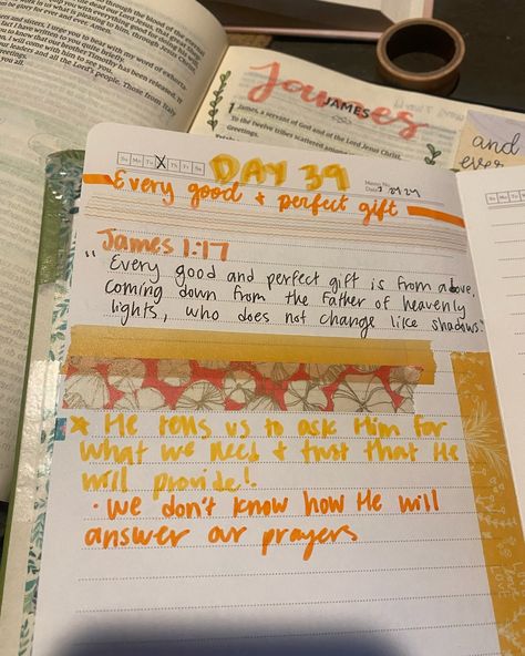 Daily devo! 🧡🍯🌟 (with my journaling process) Day 39 of @ashleyhetherington book the joy of the in-between - every good and perfect gift James 1:17 🕊️ 🌟 the lord tells us to ask Him for what we need and trust that He will provide good gifts - we don’t know how He will answer our prayers 🌟 our father delights in bringing us good gifts 🧡 every good gift is from above! ⬇️ what gift can you ask God for today? ⬇️ #christian #contentcreator #dailydevo #devotional #goodgifts #james1 #boo... Romans 12:6-8 Gifts, 2 Timothy 1:7 Bible Journaling, Crayola Supertips, James 1 17, Grace Christian, Book Of James, James 1, Everything Is Awesome, Creative Journal