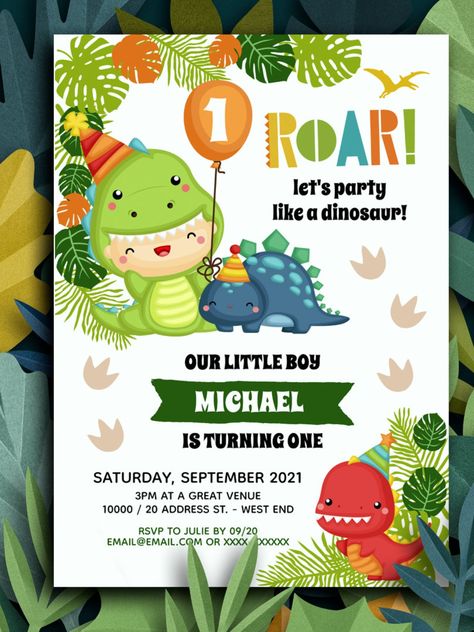 Boy Dinosaur Birthday Invitation Boy Dinosaur Birthday Invitation - This ground shaking birthday invitation has been a million years in the making. Featuring happy, little dinosaurs, surrounded by prehistoric plants around when dinosaurs roamed the earth. Don't be a “nervous rex”. Let us help your little dinosaur's birthday extravaganza to be a “roaring” success. Totally "roar-some" #birthday #happybirthday #birthdaycards Prehistoric Plants, Dinasour Birthday, First Birthday Invitation Cards, Birthday Extravaganza, Dinosaur Birthday Party Invitations, Birthday Invitation Card Template, Dinosaur Themed Birthday Party, Dinosaur Birthday Invitations, Baby Boy First Birthday