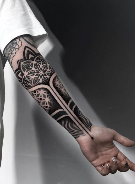 Geometric Tattoo Sleeve Designs Men, Black Geometric Tattoo, Half Sleeve Tattoo Geometric, Half Sleeve Tattoo Design, Mandala Half Sleeve, Triangle Sleeve Tattoo, Geometric Tattoo Half Sleeve, Geometric Arm Sleeve, Geomatic Tattoo Design