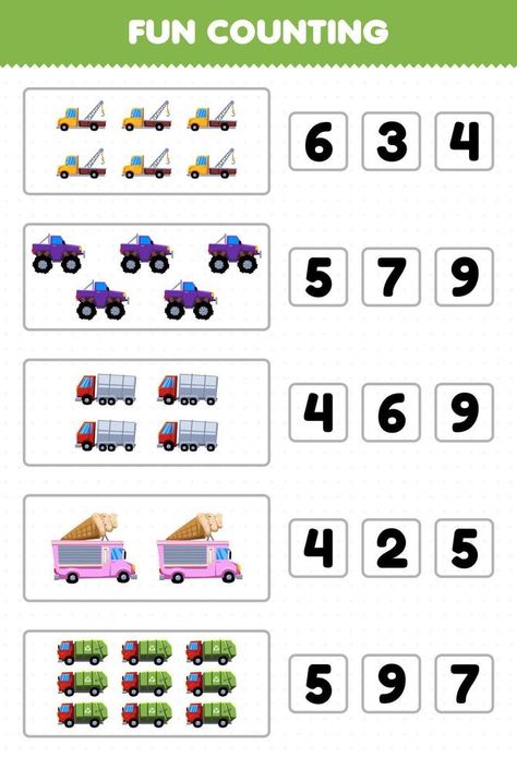 Education game for children fun counting and choosing the correct number of cartoon truck transportation printable worksheet Truck Cartoon, Cartoon Truck, Cupcake Illustration, Game For Children, Printable Worksheets, Free Vector Images, Games For Kids, Kids Learning, Transportation