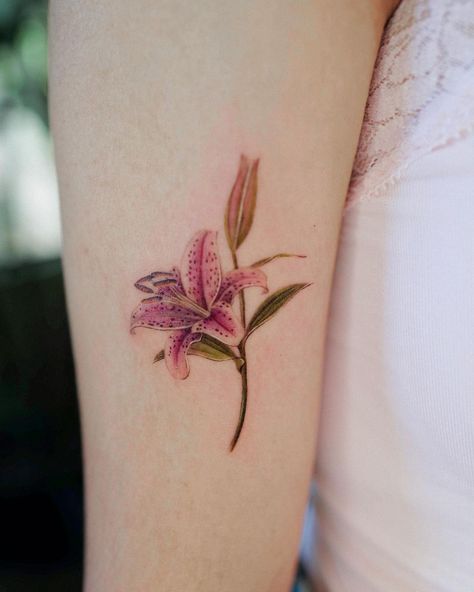 Lily Tattoo Colorful, Pink Lilies Tattoo, Stargazer Lily Tattoo Design, Stargazer Flower Tattoo, Western Red Lily Tattoo, Stargazer Lilies Tattoo, Star Gazer Lily Tattoo Small, Lily Stargazer Tattoos, Lily Flower Tattoos Color