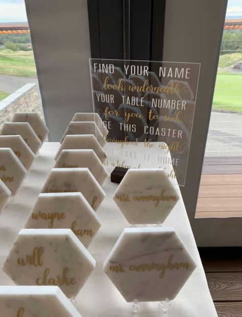 Custom marble coasters for wedding seating chart Wedding Seating Chart And Favor, Wedding Seating Chart Coasters, Wedding Favors Seating Chart, Custom Seating Chart Wedding, Coaster Seating Chart, Coaster Place Cards Wedding, Seating Chart Favors, Seating Chart Wedding Favors, 3d Print Wedding Favors