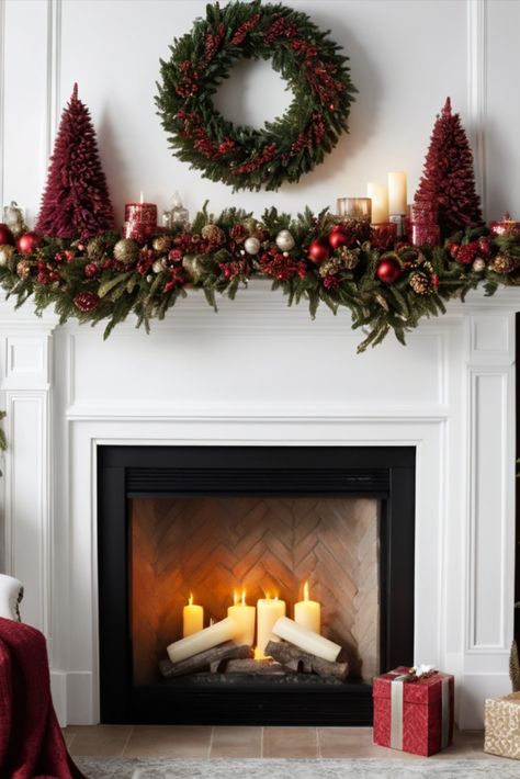 Transform your fireplace with burgundy-themed Christmas decor. Find inspiration for creating a luxurious mantel display that combines deep reds with traditional holiday elements. Mantle Decor Christmas Fireplace, Christmas Decor Ideas Tall Ceilings, Red Brown Christmas Decor, Traditional Christmas Fireplace Decor, Christmas Mantle Decor Fireplaces, Christmas Fireplace Decorations, Fireplace Christmas Decor, Christmas Decor Ideas Apartment, Plant Stand Ideas