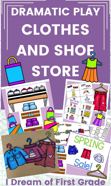 Enhance your Dramatic Play area with this captivating Clothing /Shoes Store, designed to seamlessly integrate with your house center. This resource is an ideal companion for the Clothes Study in Preschool, elevating your students' learning experience as they explore clothing and the seasons. This comprehensive set provides all the essentials for transforming your classroom into a dynamic Clothes Store. From attention-grabbing signs and detailed price lists to realistic receipts. Printables too! Preschool Clothing Unit, Clothes Unit Preschool, Dynamic Clothes, Store Dramatic Play, Clothes Study, Clothing Study, Cc Clothing, Play Corner, Monthly Activities