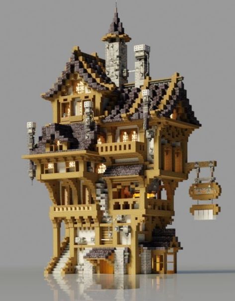 Minecraft Base Medieval, All The Mods 8 Minecraft Builds, Medival Homes Minecraft, Victorian Style Minecraft House, Minecraft Steampunk House Ideas, Steampunk Mc Builds, Steampunk Building Minecraft, Minecraft Steampunk Village, Tall Minecraft Houses