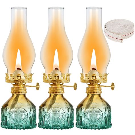 PRICES MAY VARY. 【Kerosene Lamp Set】you will receive 3 pieces gradient color oil lamp, each composed of a windproof glass chimney, a glass lamp holder and a metal flame regulator, equipped with 39 Inchs 3/8'' wicks, vintage and beautiful, retro cute style suitable for desktop decoration, this decorative hurricane lamp will light up your home decoration. 【Safety materials】Our oil lanterns for indoor use adopt thickened High-Borosilicate glass clear cover, this rustic decor oil lamp good light tra Oil Lanterns, Lamp Oil, Oil Lantern, Lamp Set, Standard Lamps, Kerosene Lamp, Ceiling Fan In Kitchen, Indian Decor, Metal Lamp