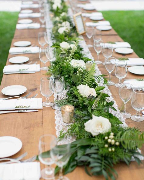 {florals & lace} photo | @erikafollansbee #farmtables #tabledecor #centerpiece #greenery #greenerygarland #floralgarland #lace #lacerunner #rustic #elegant #roses #ferns #lotusfloraldesigns #weddingflorist Fern Wedding Decor, Centerpiece Greenery, White Flower Centerpieces, Aviation Party, Greenery Runner, Wedding Table Garland, Wedding Table Layouts, Renewing Vows, Decorations For Wedding