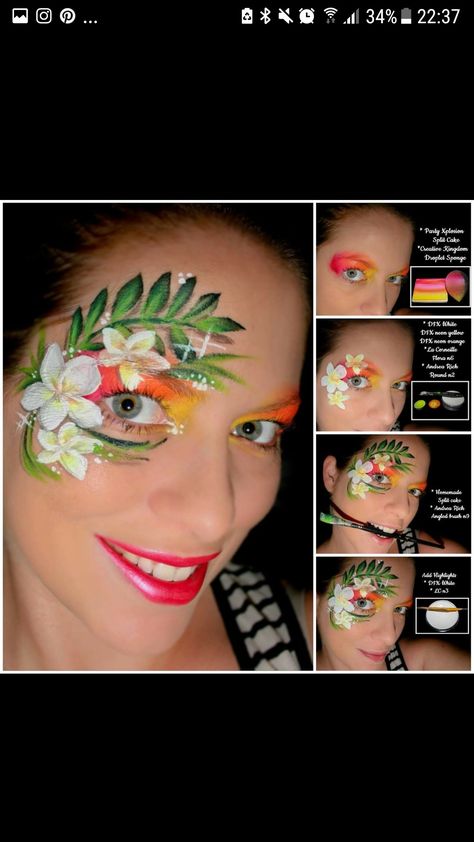 Hawaii Theme Makeup, Hawaiin Theme Makeup, Hawaiian Face Painting Ideas, Hibiscus Flower Face Paint, Tropical Flower Face Paint, Jungle Painting, Henna Paint, Film Characters, Jungle Flowers