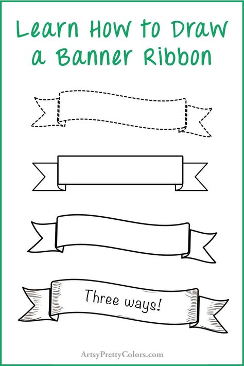 A step by step tutorial for how to draw a banner ribbon that is straight and one that is wavy. We’ve broken it down into simple steps for you. Drawing Ribbons Banner, Draw A Banner, Banner Ribbon, Banner Shapes, Banner Drawing, How To Draw Steps, Ribbon Banner, Drawing Process, Vintage Ribbon