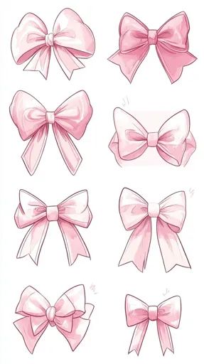 ↑↑↑ Larger size on website 🔸 The image shows eight different variations of pink bows. They are all drawn in a simple, stylized ma Pink Flowers Drawing Simple, Bow Art Reference, Cute Bows Drawing, Bow Graphic Design, Pink Things To Draw, Bow Drawing Simple, Bow Drawing Reference, Cute Bow Drawing, How To Draw Bows