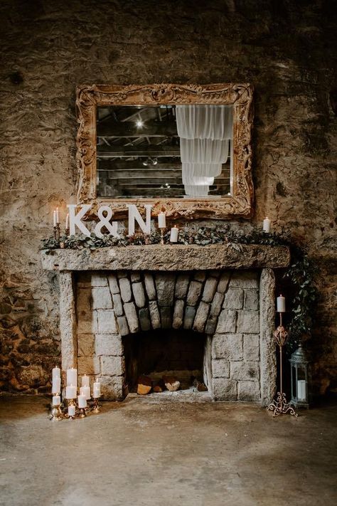 Mantel Decorations For Wedding, Wedding Reception Fireplace Decor, Decorating A Fireplace For A Wedding, Boho Wedding Fireplace Decorations, Fireplace Decorated For Wedding, Fireplace Wedding Ceremony Mantels, Wedding Fireplace Mantle, Wedding Alter Fireplace, Wedding Fireplace Decorations