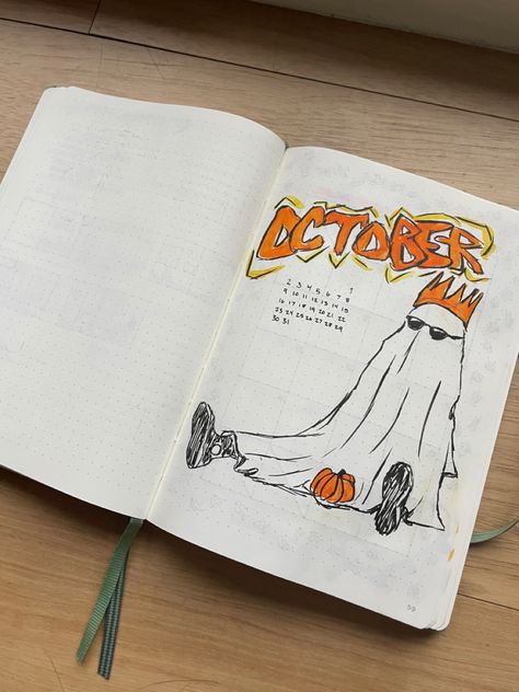 An October bullet journal spread with a ghost with sunglasses and October written in a graffiti font October Reading Journal, October Journal Spread, Ghost Bullet Journal, Bujo October Theme, Halloween Journal Ideas, Halloween Journaling, October Spread, Halloween Bullet Journal, August Bujo