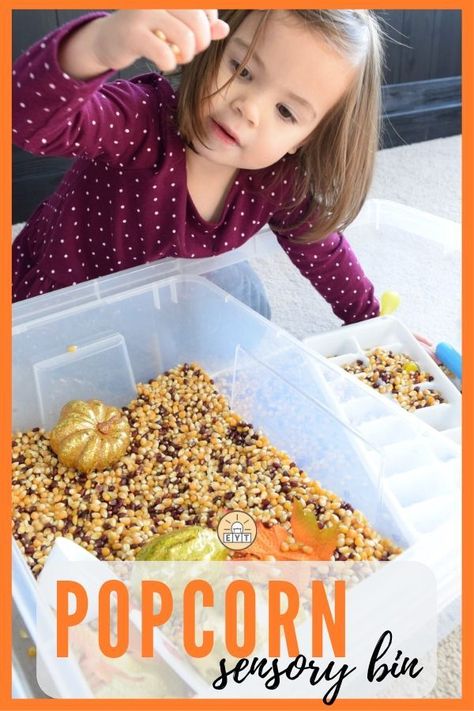 Here's one of my favorite sensory bins for toddlers: The popcorn kernel sensory bin! I love the textures and sounds it can create, and your kids will, too! Check out the extras we added to extend the playtime and make it fun for toddlers. We were also surprised by who else had fun with this bin. Check out our post to find out who!  #toddlers #kids #toddleractivities #kidsactivities #indooractivities #EntertainYourToddler #sensoryactivities #sensorybin Sensory Bag Activities, Indoor Play Activities, Activities To Do With Toddlers, Sensory Bins For Toddlers, Fun For Toddlers, Sensory Bag, Art Activities For Toddlers, Popcorn Kernels, Halloween Activities For Kids