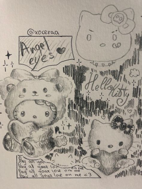 Sanrio Drawings Kuromi, Sanrio Doodle Art, Cute Pencil Doodles, Art Sketches Hello Kitty, Sanrio Sketches Kuromi, Art Idea List, Hello Kitty Doodle Art, Hello Kitty Artwork, Notratsberry Art