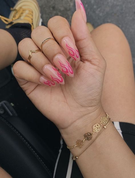 Pink Nails Flames, Hot Pink Fire Nails, Flames Nails Acrylic, Pink Nails With Flames, Gel Nails Flames, How To Flame Nails, Pink Flame Nails Short, Simple Flame Nails, Summer Edgy Nails