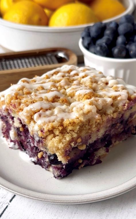 Lemon Blueberry Crumb Cake — Sweet Monkey Vegetarian Pie Filling, Filled Coffee Cake, Blueberry Buckle Recipe, Blueberry Coffee Cake Recipe, Sweet Monkey, Blueberry Crumb Cake, Blueberry Coffee Cake, Blueberry Coffee, Fruit Filling