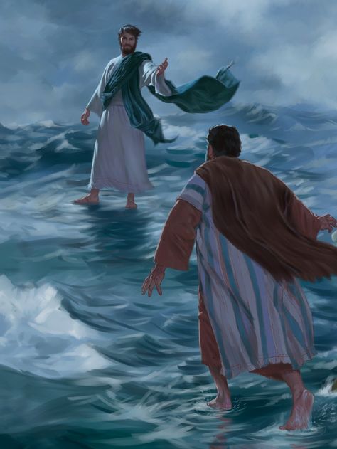 Jesús camina sobre el agua y le dice a Pedro que vaya hacia él Peter Walks On Water, Jesus Gif, Jesus Crucified, Jesus Christ Painting, Jesus Artwork, Water Poster, Pictures Of Christ, Bible Illustrations, Bible Pictures