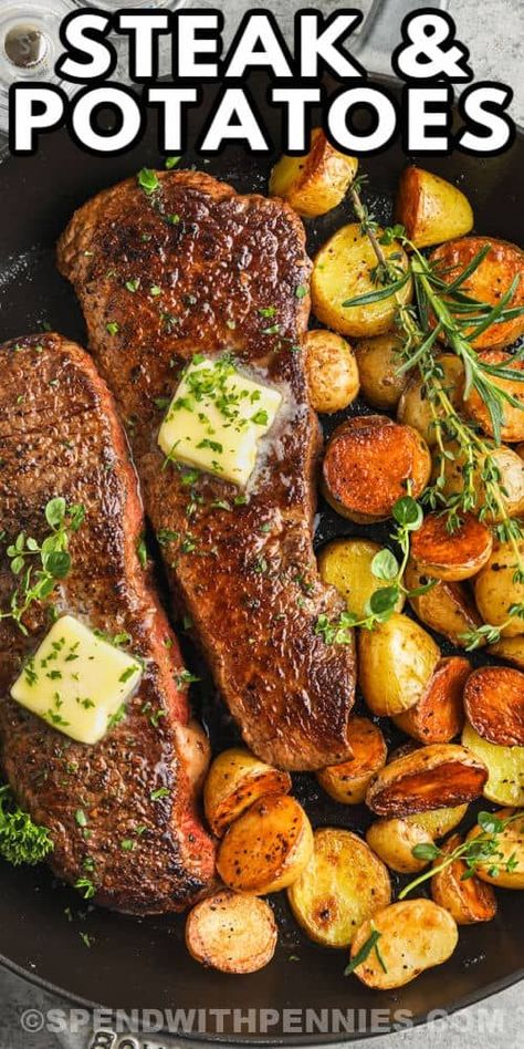 Steak and potatoes are cooked with butter, fresh garlic, and rosemary in this easy recipe. It's a quick and easy dinner with a gourmet appeal. #spendwithpennies #steakandpotatoes #entree #recipe #skillet #garlic #cook #great #fried #easy #best Garlic Steak And Potatoes, Steak And Potato Skillet, Potatoes On The Stove, Steak And Potatoes Skillet, Rosemary Steak, Potatoes Skillet, Fancy Salads, Seven Layer Salad, Garlic Steak