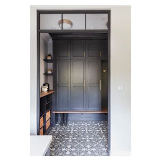 From Tired Trad to Terrific in Clarendon Hills - Beach Style - Entry - Chicago - by TKS Design Group | Houzz Vestibule Storage Ideas, Transitional Laundry Room, Mudroom Cabinets, Mudroom Flooring, Mudroom Entryway, Mudroom Decor, Mudroom Laundry Room, Mud Room Storage, Mudroom Design