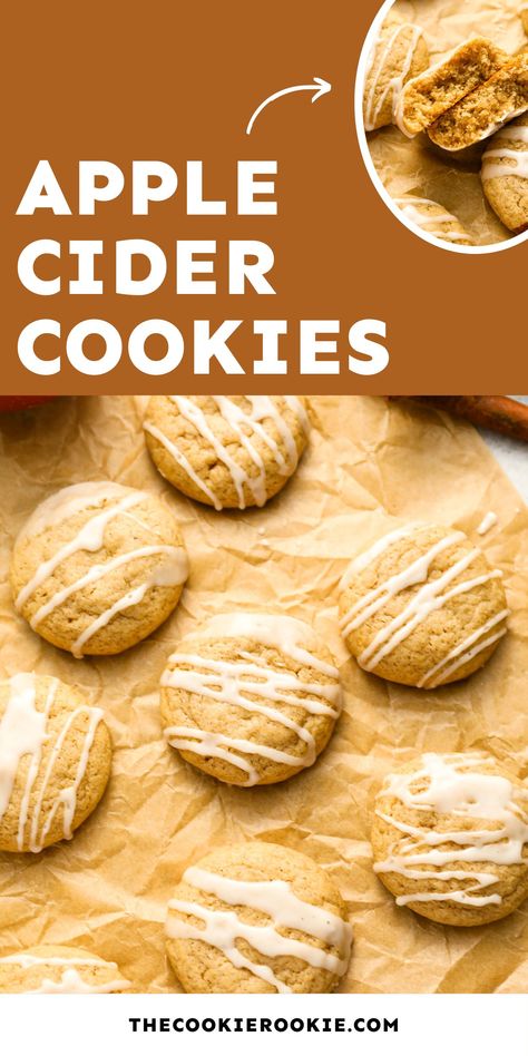 These apple cider cookies are made with homemade apple cider syrup and an apple cider glaze for a punchy autumnal flavor! Cider Cookies, Apple Cider Cookies, Apple Cider Glaze, Apple Cider Syrup, Spiced Cookies, Wine Poached Pears, Homemade Apple Cider, Pumpkin Ice Cream, Holiday Cookie Exchange