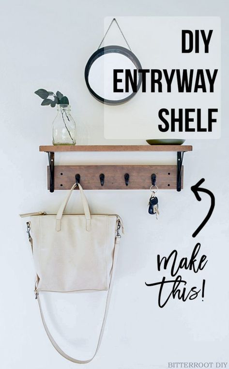 DIY entryway shelf with text overlay Easy Diy Entryway, Entryway Shelf With Hooks, Build A Shelf, Bathroom Shelf With Hooks, Shelf With Hooks, Entryway Shelf, Room Shelf, Wood Projects For Beginners, Diy Entryway