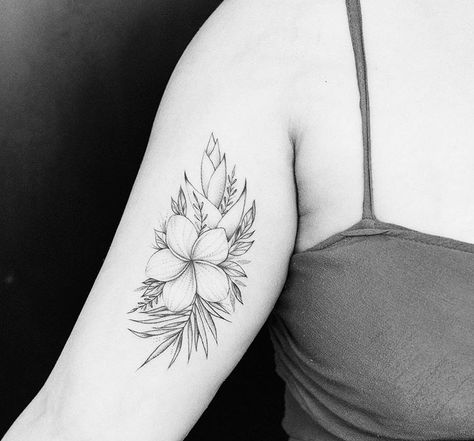 Plumeria And Monstera Tattoo, Aloha Tattoo Ideas Hawaii, Tropical Flower Tattoo, Plumeria Flower Tattoos, Frangipani Tattoo, Aloha Tattoo, Philippines Tattoo, Tropical Flower Tattoos, Hawaii Tattoo