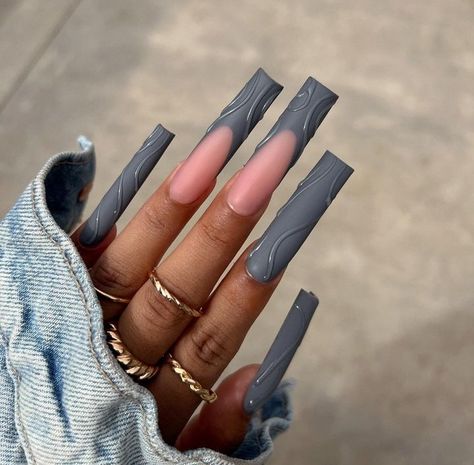 Long French Tip Nails, Grey Acrylic Nails, Long Square Nails, Gray Nails, Long Square Acrylic Nails, Matte Nails, French Tip Nails, Square Acrylic Nails, Square Nails