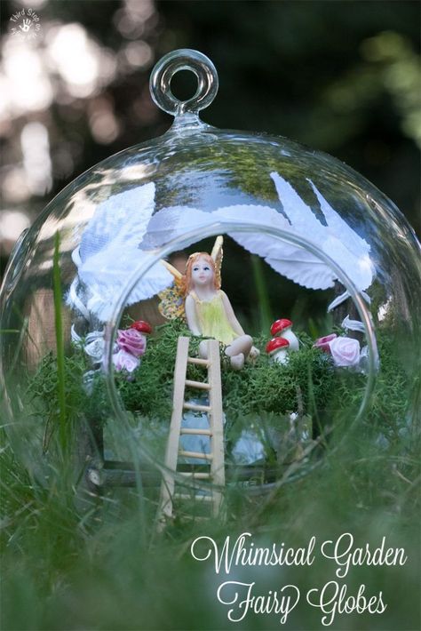 This whimsical miniature garden fairy globe in a hanging terrarium is the perfect embellishment for any garden or even to put in a window. Add a little magic to your day! Fairy Globe, Fairy Terrarium, Globe Diy, Terrarium Gifts, Hanging Glass Terrarium, Garden Globes, Hanging Terrarium, Fairy Garden Crafts, Faeries Gardens