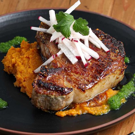 Sweet Potato And Pork Chops, Pork Sweet Potato, Grilled Fennel, Peach Pork Chops, Sweet Potato Puree, Zesty Salad, Easy Pork Chops, Braised Pork Belly, Juicy Pork Chops