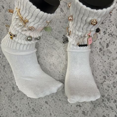 White Socks With A Overload Of Different Charms Socks With Charms, Sock Charms, Charm Socks, Junk Socks, Bling Socks, Hoco 2024, Frilly Socks, Slouch Socks, Homecoming Ideas