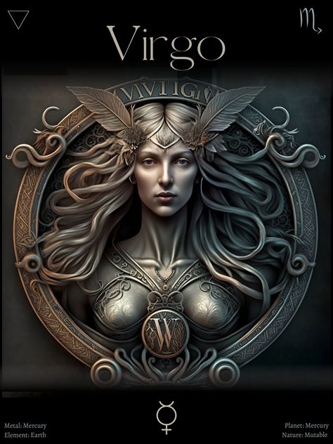 Glossy High Resolution Virgo Zodiac Poster  This poster not only is unique in its artwork but also shares with you information about this sign including its associations to its element, metal, planet, and nature along with the Symbols of each association. Your poster will also come with a paper giving you a deeper description of each of these qualities and what they stand for in your life. Learning and understanding these aspects of our sun sign can be an incredible gateway to discovering how yo Virgo Goddess Art, Virgo Goddess, Aquarius Symbol, Virgo Art, Zodiac Poster, Virgo Zodiac Sign, Zodiac Signs Virgo, Zodiac Virgo, Virgo Sign