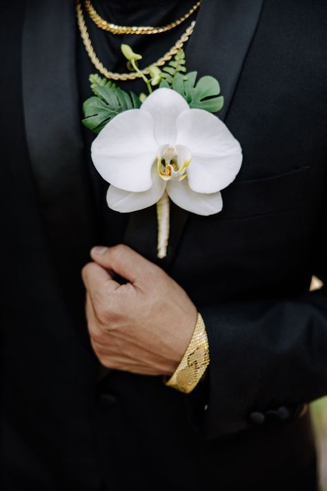 Black Suit Gold Accent, Modern Groom, Modern Tropical, Black Suit, Tropical Wedding, Gold Accent, Black Suits, Gold Accents, Gold Jewelry