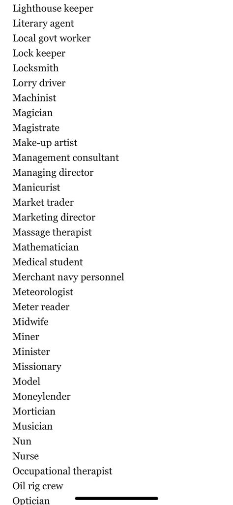 Character Occupation List, Character Jobs List, Au List A-z, Fantasy Occupations List, List Of Occupations For Characters, Jobs For Book Characters, Careers For Characters, List Of Jobs For Characters, Oc Occupation Ideas