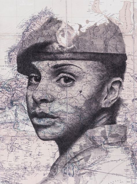 Series of beautiful portraits drawn directly onto maps by Ed Fairburn. Ed Fairburn, Map Portrait, History Exam, Modern Portrait, Gcse Art Sketchbook, A Level Art Sketchbook, Final Exam, Female Soldier, Gcse Art