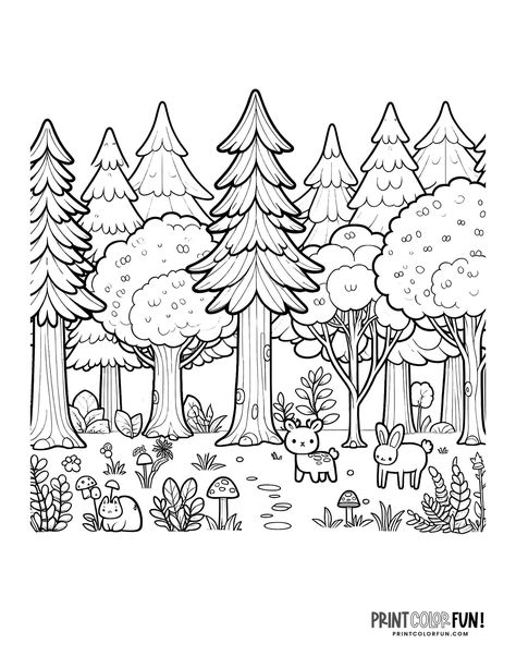 Woodland Creatures Coloring Pages, Cartoon Forest Drawing, Forest Colouring Page, Forest Background Drawing, Doodle Forest, Nature Coloring Pages, Landscape Coloring Pages, Coloring Pages Simple, Cartoon Forest