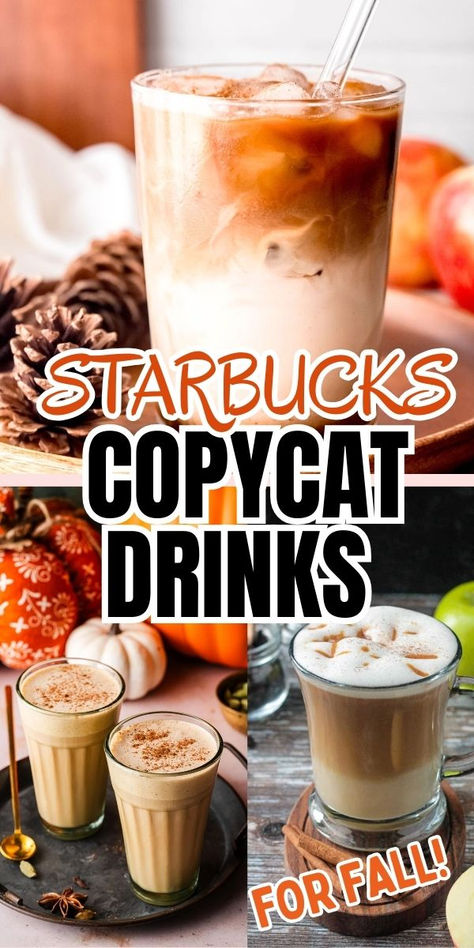 Starbucks copycat drink photo collage for fall. Fall Starbucks Drinks Recipe, Pumpkin Spice Latte Recipe Starbucks, Starbucks Caramel Apple Spice, Pumpkin Drink Recipes, Keurig Recipes, Drinks From Starbucks, Crockpot Drinks, Cozy Fall Drinks, Copycat Drink Recipes