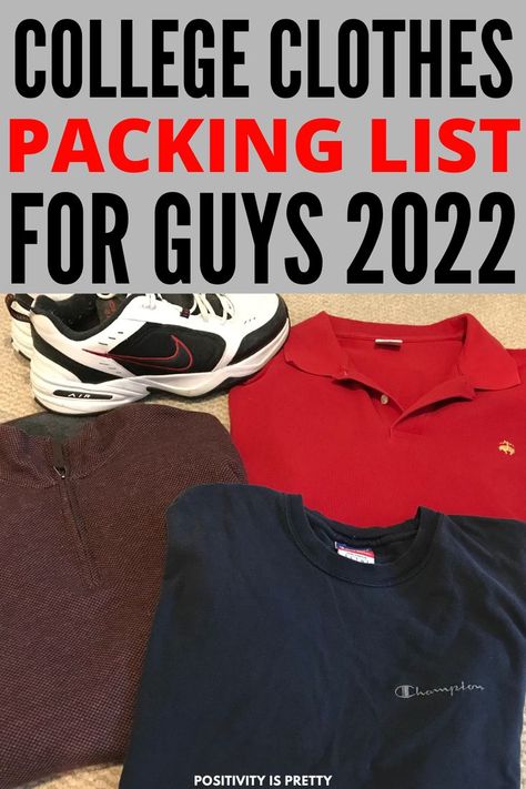 wow this college clothes packing list for guys post was so helpful. i had no idea how to help my son pack for college but this post helped us so much. I definitely recommend printing out this list College Packing List For Boys, College Clothing Essentials, Dorm Room List Freshman Year For Guys, Dorm List For Boys, How Much Clothes To Bring To College, College Guy Outfits, Ultimate College Packing List, Dorm Room List, College Usa