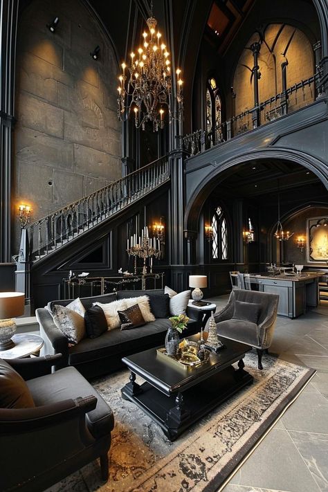 Modern Gothic House, Modern Gothic Interior, Gothic Modern House, Goth Interior Design, Modern Gothic Home, Victorian Gothic House, Gothic Victorian House, Gothic Interior Design, Gothic Living Room