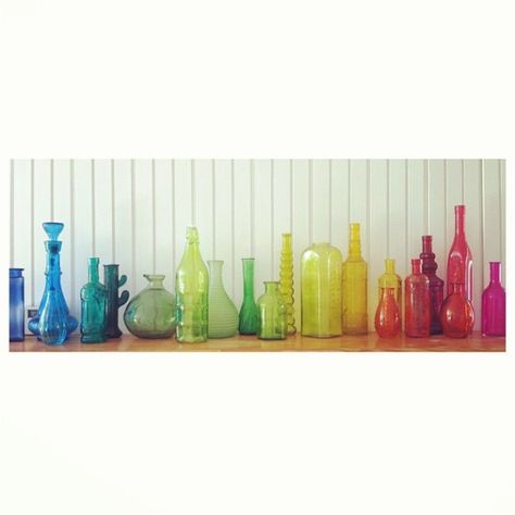 Vintage Rainbow Glass Display, Colorful Bottles Decor, Coloured Glass Decor, Colored Bottles Decor, Colored Glass Shelf, Color Bottles Decor, Colored Glass Bottles Decor, Coloured Glass Bottles, Rainbow Glass Display