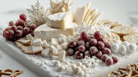 A winter-themed charcuterie board featuring an all-white and snowy look on a square board. White cheeses like Brie, goat cheese, and mozzarella are arranged with frosted grapes and sugared cranberries to resemble snow. Light-colored crackers and yogurt-covered pretzels add crunch, while small, snowflake-shaped cookies bring a whimsical winter touch. Snowflake Themed Appetizers, Snowflake Party Food Ideas, Snow Party Food Ideas, January Charcuterie Board Ideas, Snow Themed Appetizers, Winter Wonderland Party Food Appetizers, Winter Wonderland Appetizers, Winter Themed Appetizers, White Charcuterie Board Ideas