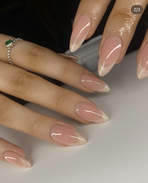 Gel X Classy Nails, Simple Korean Gel Nails, Unicorn French Tip Nails, Light Pink Shiny Nails, Oyster French Tip Nails, Gel X Ombre Nails, American Manicure Almond Nails, Builder Gel Extension Nails, Clear French Tip Acrylic Nails