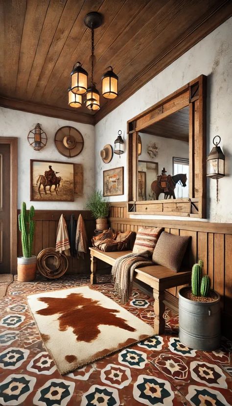 Western Spanish Decor, Pendelton Living Room, Simple Rustic Home Design, Texas Decorating Ideas Ranch Style, Texas Style Homes Interior, Gothic Western Home, Dutton Ranch Yellowstone House Interior, Western Home Inspiration, Cozy Western Home