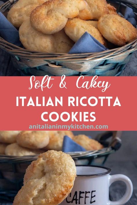 Soft and tender with a cake like texture, these easy Italian ricotta cookies have a light lemon flavor and the ricotta cheese keeps them nice and moist. Sprinkled with a little sugar they are usually served at breakfast but also make the perfect snack cookie with a cup of tea! Ricotta Cookies Easy, Italian Cookies With Ricotta Cheese, Soft Ricotta Almond Pillows, Ricotta Cheese Cookies Recipes, Ricotta Cookies Italian, Italian Breakfast Cookies, Pistachio Ricotta Cookies, Ricotta Christmas Cookies, Ricotta Biscuits