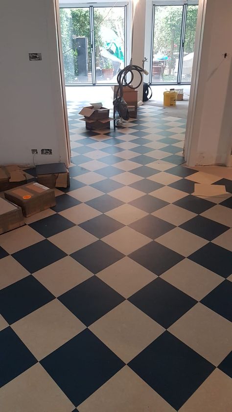 Marmoleum Installed In Kensington | The Flooring Group Bungalow Kitchens, Checkered Floor Kitchen, Retro Vinyl Flooring, Marmoleum Floors, Luxury Stairs, Tile Diy, Checkered Floor, Bungalow Kitchen, Hall Flooring