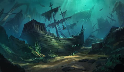 ArtStation - Concept art, dj bekas Shipwreck Concept Art, Pirate Ship Underwater, Underwater Shipwreck Art, Sunken Ship Art, Sunken Ship Drawing, Pirate Ship Concept Art, Underwater Concept Art, Pirate Concept Art, Shipwreck Art