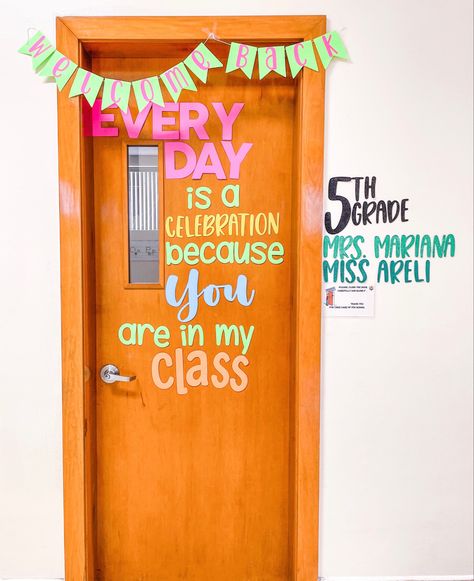 Classroom door decoration, everyday is a celebration because you are in my class, welcome back banner, 5th grade sign, classroom decorations, teacher life Class Welcome Sign, Classroom Door Welcome Ideas, Class Door Decoration Ideas Welcome, Classroom Door Decorations Welcome, Welcome Sign Front Door Classroom, Welcome Door Classroom, Classroom Welcome Door, Welcome Sign Classroom, Bts Craft