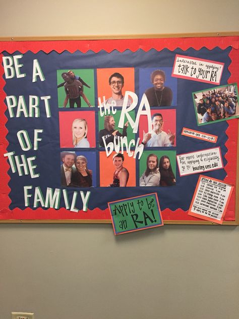 Apply to be an RA!! It's been one of the bet experiences of my college career!! #RAlife #reslife #bulletinboard #family #college Ra Duty Board Ideas, Ra Duty Board, Meet Our Staff Bulletin Board Ideas, Meet Your Ra Bulletin Board, Res Life Programs, Ra Training, Staff Bulletin Boards, Ra Programs, Nurse Games