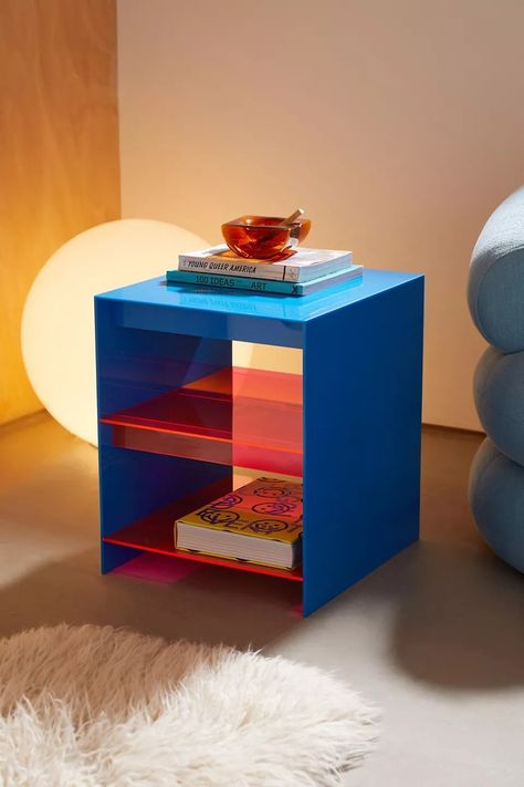 Colourful Side Table, Arch Branding, Colorful Nightstand, Maximalist Furniture, Eclectic Nightstand, Urban Outfitters Furniture, Pink Side Table, Acrylic Side Table, Acrylic Coffee Table