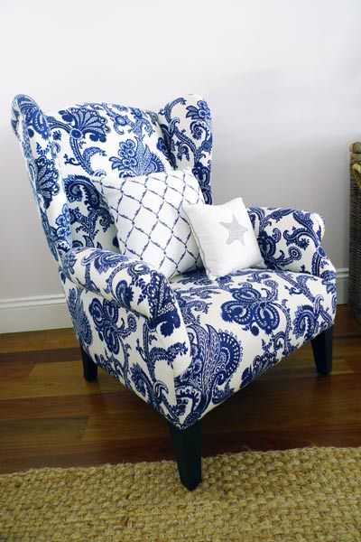 Blue And White Chair Wing chair upholstered in a blue and white Jacobean print Printed Fabric Sofa, Beautiful White Kitchens, White Wing, White Armchair, Blue White Decor, White Chair, White Living, Blue And White China, Blue Rooms